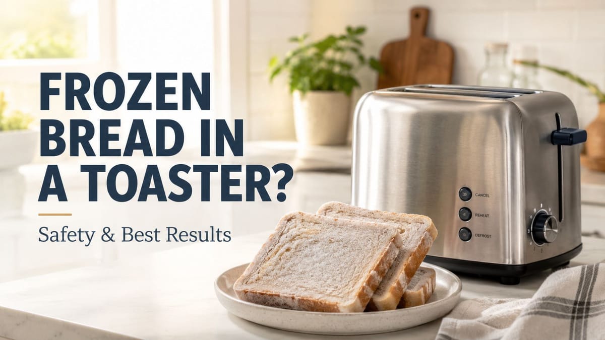 Frozen bread slices beside a toaster showing how to toast frozen bread safely.