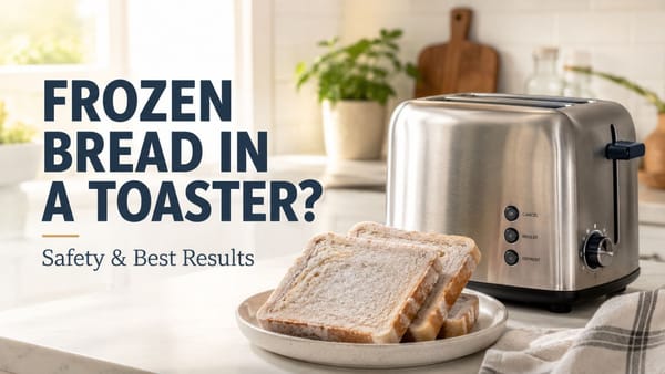 Frozen bread slices beside a toaster showing how to toast frozen bread safely.
